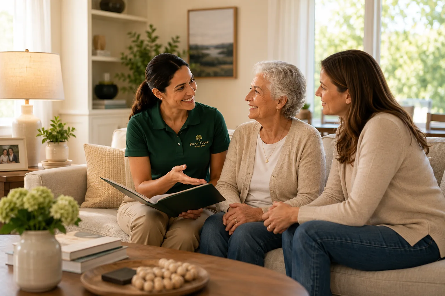 Haven Grove caregiver discussing personalized home care options with an older adult and her daughter.